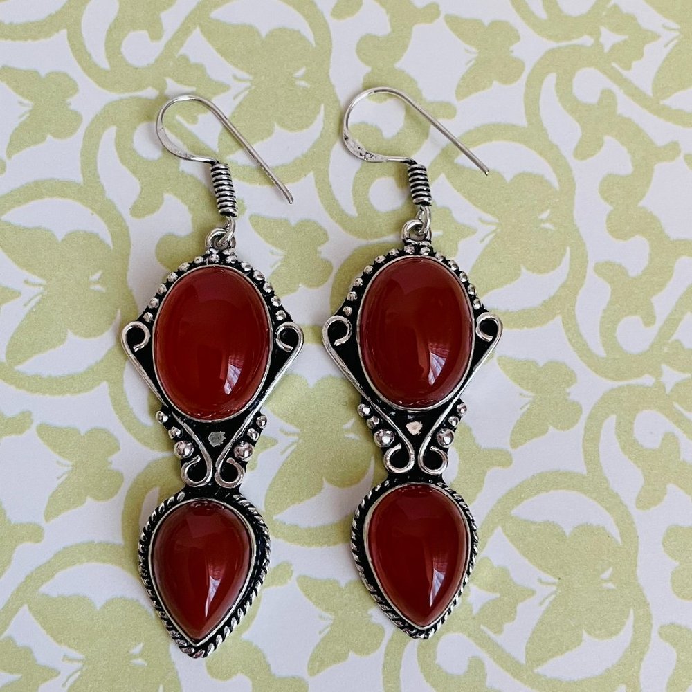 Carnelian Gemstone 925 Sterling Silver Plated Dangle Artisan Earrings 2 ½” NEW